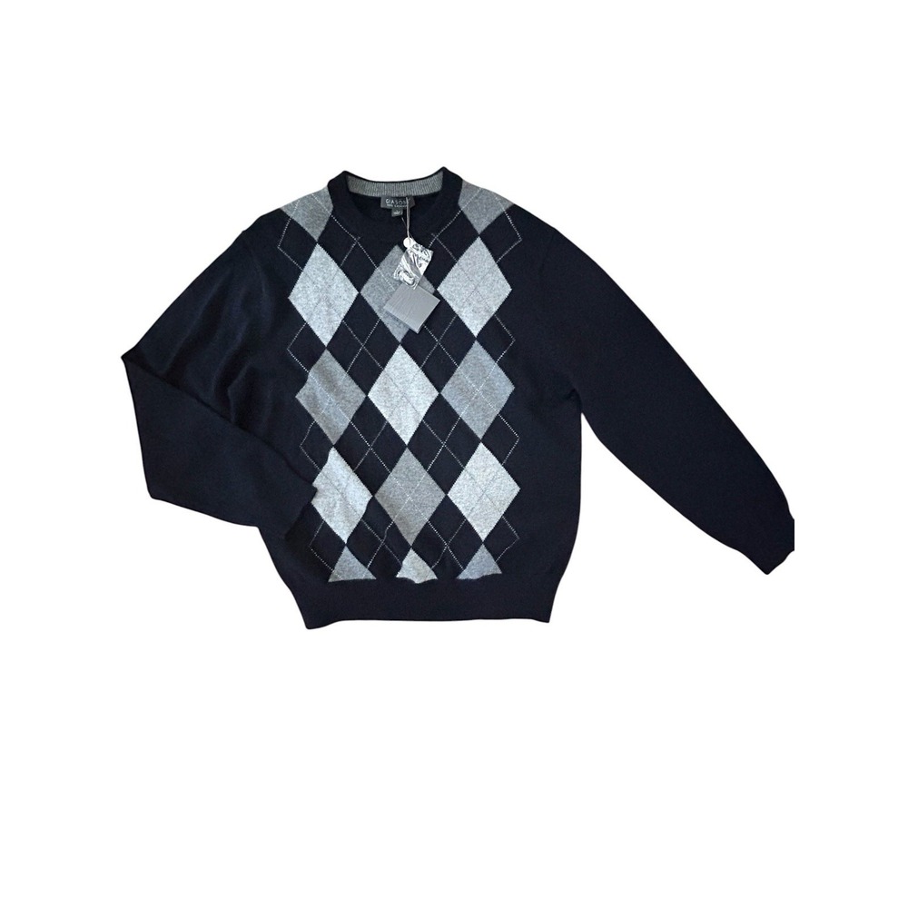 Giasone NWT 100% 2-Ply Cashmere Argyle Sweater Gray Black SZ L